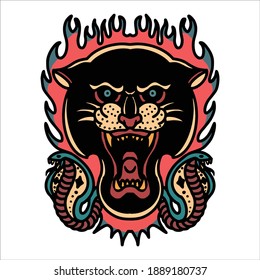 panther and snakes tattoo vector design