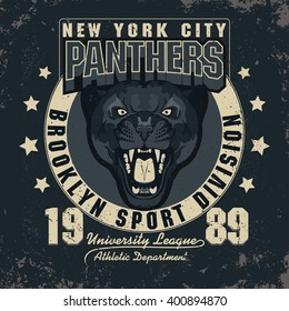 Panther Sport t-shirt graphics, Vintage Apparel typography, Artwork stamp print design, wild big cat head. Aggressive wild-cat with bared teeth in cartoon style