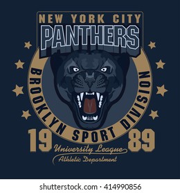 Panther Sport t-shirt graphics, Vintage Apparel typography, Artwork stamp print design, wild big cat head. Aggressive predator with bared teeth in cartoon style