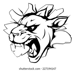 A panther sports mascot or character breaking out of the background or wall