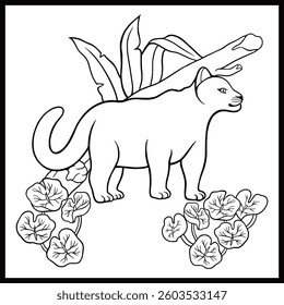 Panther standing in jungle with leaves and a branch 