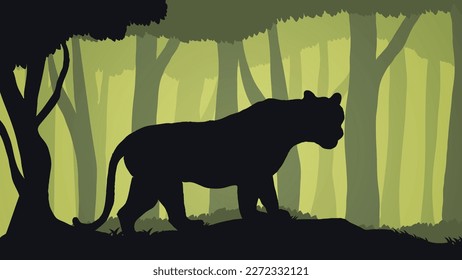 a panther standing in the jungle with many dense trees