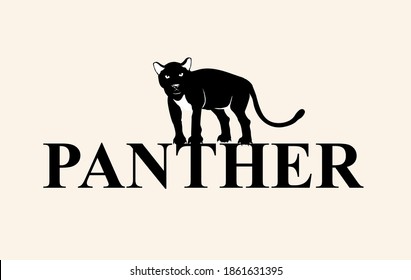 Panther stands on word panther, logo, isolated on white vector