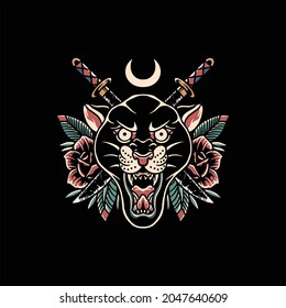 panther and swords tattoo vector design