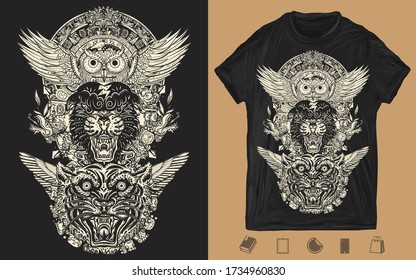 Panther, tiger, owl and mayan sun. One color creative print for dark clothes. T-shirt design. Template for posters, textiles, apparels. Ancient totem. Mayan and Aztec style  