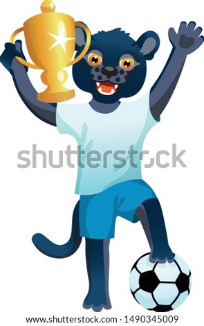 A panther in uniform standing on the ball and cheering with goblet 