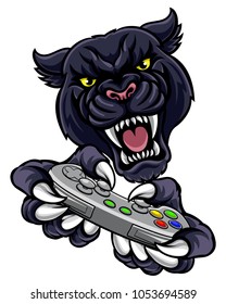 A panther video game player online sports gamer animal mascot holding a controller