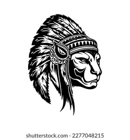 panther wearing indian chief head accessories collection set hand drawn illustration