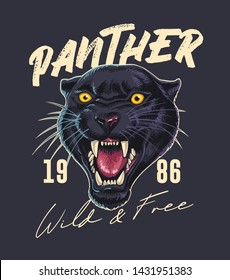 panther wild and free typography with panther head - vector illustration for t-shirt