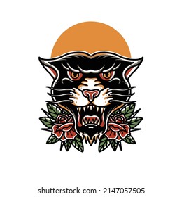 panther wild and rose old school tattoo style vector illustration