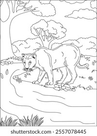 Panther in wind drinking water coloring page nature vector