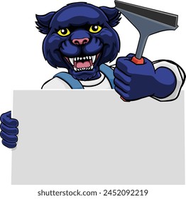 A panther window cleaner or car wash cleaning cartoon mascot man holding a squeegee washing tool