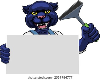 A panther window cleaner or car wash cleaning cartoon mascot man holding a squeegee washing tool