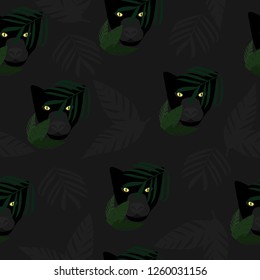 Panthera in leaves. Dark gray background. Vector illustration. Seamless pattern for wrapping paper.