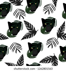 Panthera and leaves on white background. Vector illustration. Seamless pattern for wrapping paper.