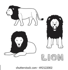 Panthera Lion Cartoon Vector Illustration Monochrome