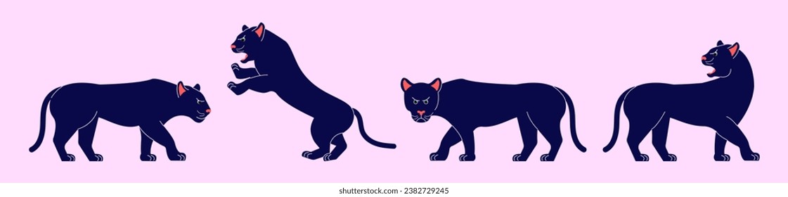 Panthers in different poses. Vector illustration of panthers in flat style. Minimalism.