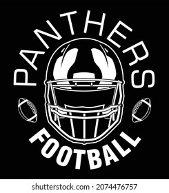 Panthers Football One Color - White is a team design template that includes text, two footballs and a football helmet. Great for Panthers t-shirts, mugs, advertising and promotion for teams or schools