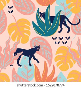 Panthers are in the jungle. Trendy vector seamless pattern