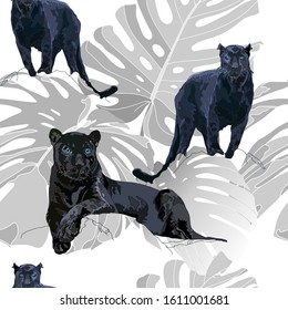Panthers and monstera leaves. Exotic seamless pattern on a white background. Vector illustration.