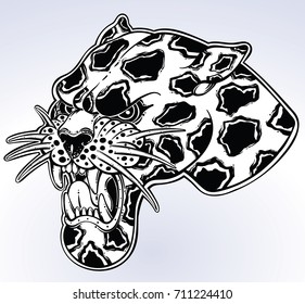 Panther's portrait made in an old-stylized tattoo. Vector illustration for coloring book, t-shirts, tattoo art, boho design, posters, textiles. Isolated vector illustration.