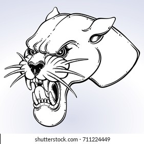 Panther's portrait made in an old-stylized tattoo. Vector illustration for coloring book, t-shirts, tattoo art, boho design, posters, textiles. Isolated vector illustration.