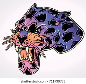 Panther's portrait made in an old-stylized tattoo. Vector illustration for coloring book, t-shirts, tattoo art, boho design, posters, textiles. Isolated vector illustration.