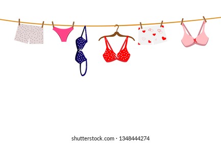 Pantie, bra and lingerie hanging on rope. Vector illustration.