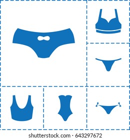 Panties icon. set of 6 panties filled icons such as panties with heart, female underwear, sport bra