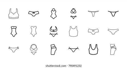Panties icons. set of 18 editable outline panties icons: panties with heart, bikini, female underwear, sport bra, swimsuit