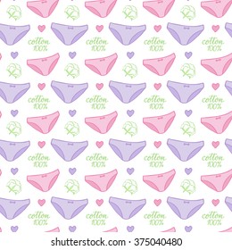 Panties sketch. Seamless pattern with hand-drawn cartoon icon - underwear and cotton. Doodle drawing. Vector illustration - swatch inside