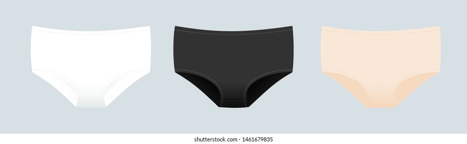 Panties Symbol. Woman Underwear Type: Boy Shorts. Basic Colors: White, Black And Nude. Vector Illustration, Flat Design