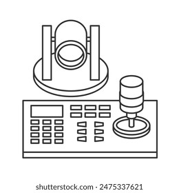 Pan-tilt-zoom PTZ camera - robotic device for remote or automatically panning horizontally, tilting vertically and zooming. Lens and controller with joystick and keyboard. Icon in thin line