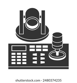 Pan-tilt-zoom PTZ camera - robotic device for remote or automatically panning horizontally, tilting vertically and zooming. Lens and controller with joystick and keyboard. Icon in monochrome style