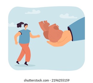 Panting girl and human heart on hand flat vector illustration. Cardio workout, cardiology, healthcare, anatomy concept for banner, website design or landing web page