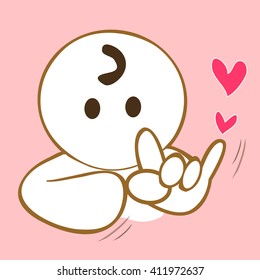 Pantomime cartoon cute sign language I love you acting portrait design background pink color have heart