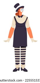 Pantomimist performer wear special clothes for show. Isolated mime actor or actress making people laugh. Theatre performance on stage. Street artist with charisma. Vector in flat style illustration