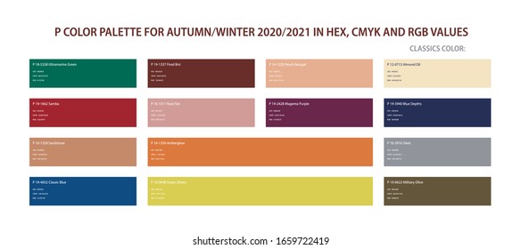 Panton color trend palette for autumn and winter 2020, 2021 in HEX, CMYK, RGB values. Set of year color for fashion, home, interiors design. Color swatch trend vector illustration.