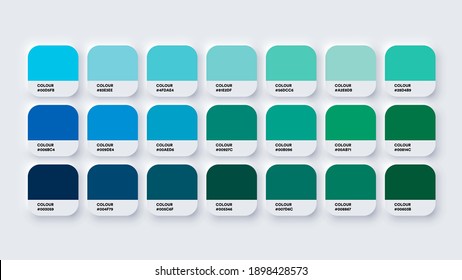 Pantone Colour Guide Palette Catalog Samples Blue and Green in RGB HEX. Neomorphism Vector