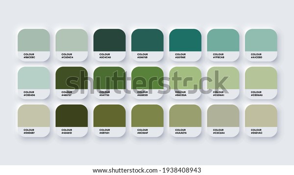 Pantone Colour Palette Catalog Samples Green in\
RGB HEX. Neomorphism\
Vector