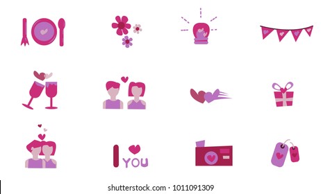 Pantone  Purple Set of Flat Icon Vector Love and Hearts Icons: Couple,dinner,date,kiss,stars,wine,celebration,love bulb,gift,camera,tag label. Valentine's day concept. Illustration eps 10.