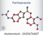 Pantoprazole molecule. It is proton pump inhibitor, gastric ulcer drug. Molecule model, Sheet of paper in a cage. Vector illustration
