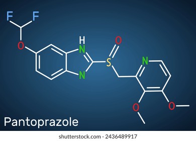 Pantoprazole molecule. It is proton pump inhibitor, gastric ulcer drug. Structural chemical formula on the dark blue background. Vector illustration