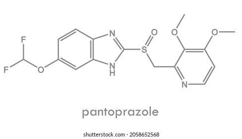 Pantoprazole structure, a proton pump inhibitor drug molecule. Used in treatment of peptic ulcer disease, dyspepsia and GERD.