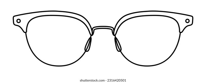 Ilustración accesoria de gafas de marco Pantos. Vista frontal de cristal de sol para hombres, mujeres, estilo de silueta unisex, anteojos de gafas de llantas con contorno de estilo de esbozo de lente aislado en blanco