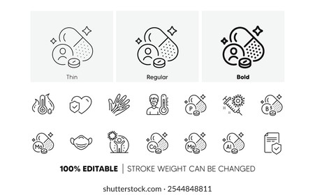 Ícones de ácido pantotênico, termômetro e linha de vitaminas. Pacote de temperatura de febre, mineral de molibdênio, ícone de proteção contra coronavírus. Vacina contra coronavírus, veias, pictograma de máscara médica. Ícones de linha. Vetor