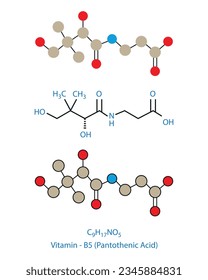 Pantothenic Acid (Vitamin B5) molecular structural chemical formula vector illustration.