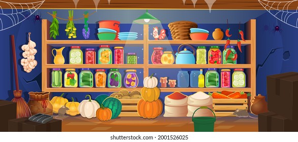 Pantry, Cellar With Food Preserves On Shelves. Vector Cartoon Interior Of Storeroom With Vegetables And Fruit, Bags, Glass Jars On Shelves In The Cellar. Canned Vegetables And Fruit.