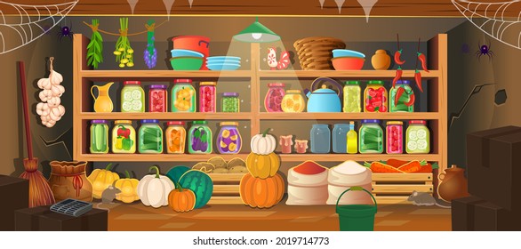 Pantry, Cellar With Food Preserves On Shelves. Vector Cartoon Interior Of Storeroom With Vegetables And Fruit, Bags, Glass Jars On Shelves In The Cellar. Canned Vegetables And Fruit.