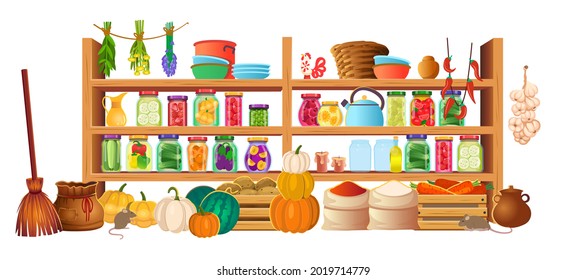 Pantry, Cellar With Food Preserves On Shelves On White Background. Vector Cartoon Interior Of Storeroom With Vegetables And Fruit, Bags, Glass Jars On Shelves In The Cellar.Canned Vegetables And Fruit